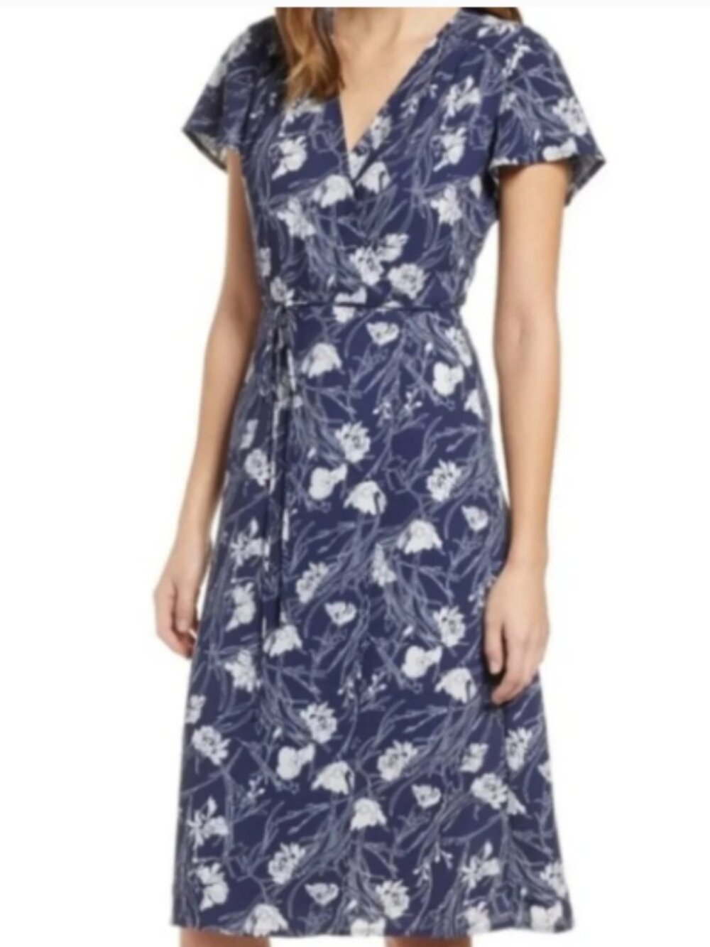 Leith Navy Floral Midi Dress with Waist Tie
